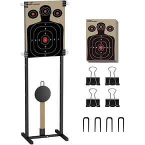 2-in-1 Shooting Target Stand Holder with 10pcs 17x25 Inch Paper Targets for Outdoor, Heavy Duty Range Base Adjustable Width from 8" to 24" for Cardboard Silhouette and Steel Target, Black