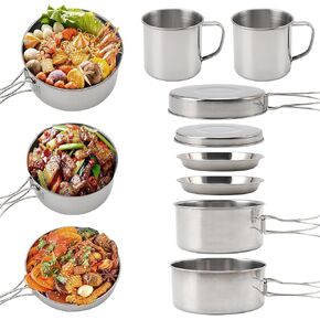 FAMKIT 8pcs Outdoor Cooking Set,Lightweight 2 Pots,1 Pan,2 Plates, 2 Cups with 1 pan Cover,Camping Cooking Set for Camping, Picnic, RVs for 3-4 People