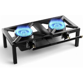 GasOne High-Pressure Double Propane Burner – Low-Profile Outdoor Stove with Heat Guard & Adjustable Knobs – Dual Flame Control & PSI Regulator for Camping, Tailgating, Seafood Boil, Home Brewing