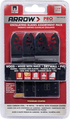Arrow OSC201VP-3 Titanium Metal/Wood Variety Pack Oscillating Tool Blades for Metal, Wood, Wood with Nails, PVC, Copper Pipe, Drywall, Universal, Fits Most Multitools, 1-1/4, 1-1/4, 1-3/4, 3-Pack in Saudi Arabia