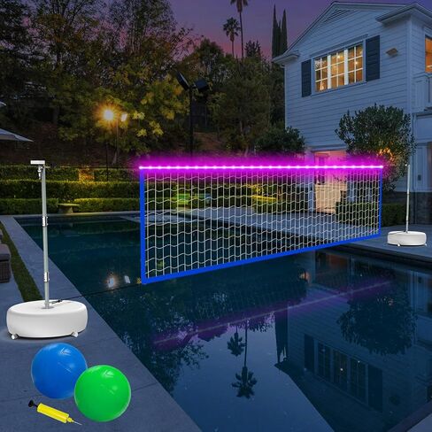 Pool Volleyball Net Set with Lights, Solar Powered Portable Outdoor LED Volleyball Net for Pool with 2 Glowing Balls,Pump and Weighted Bases, Adjustable Length 15ft-32ft for Inground Pool. in Saudi Arabia
