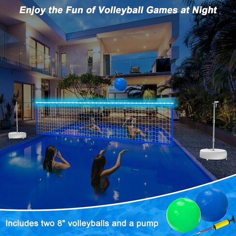 Pool Volleyball Net Set with Lights, Solar Powered Portable Outdoor LED Volleyball Net for Pool with 2 Glowing Balls,Pump and Weighted Bases, Adjustable Length 15ft-32ft for Inground Pool. in Saudi Arabia