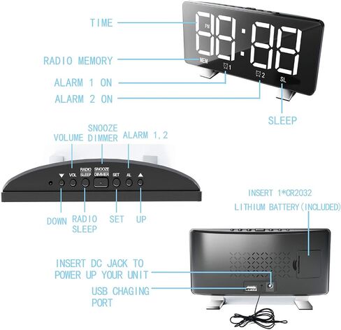 ThreeH Alarm Clock Radio for Bedroom with Dual USB Charging Ports 4 Diming Mode 7.3'' LED Screen 12/24 Hour Mode Snooze Function White in Kuwait