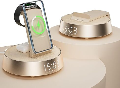 Alarm Clocks for Bedrooms with Wireless Charging Station, iPhone Charging Station with Dimmable Night Light Bluetooth Speaker, Wireless Charger for iPhone 16 15 14 13 Pro Max, Apple Watch, AirPods 3 in Saudi Arabia