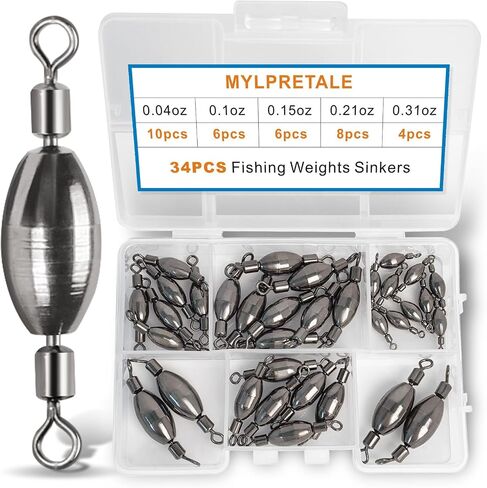 34Pcs Fishing Weights Swivel Brass Sinkers Fishing Weight, Bullet Sinker Weight Kit Tackle, Rolling Swivel Saltwater Freshwater Drop Shot Weights in Saudi Arabia