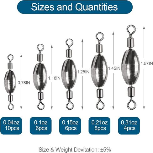 34Pcs Fishing Weights Swivel Brass Sinkers Fishing Weight, Bullet Sinker Weight Kit Tackle, Rolling Swivel Saltwater Freshwater Drop Shot Weights in Saudi Arabia