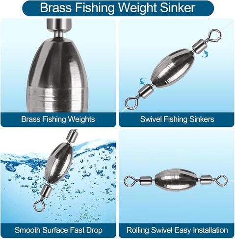 34Pcs Fishing Weights Swivel Brass Sinkers Fishing Weight, Bullet Sinker Weight Kit Tackle, Rolling Swivel Saltwater Freshwater Drop Shot Weights in Saudi Arabia