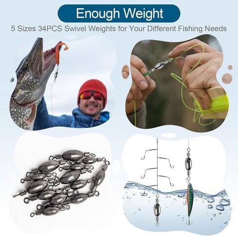 34Pcs Fishing Weights Swivel Brass Sinkers Fishing Weight, Bullet Sinker Weight Kit Tackle, Rolling Swivel Saltwater Freshwater Drop Shot Weights in Saudi Arabia