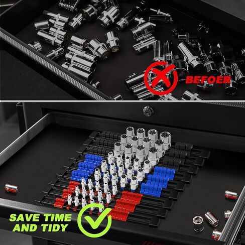 3-Piece Socket Organizer Rail Set, Premium Socket Holder, Heavy-Duty Socket Rack Kit With 43 Clips 1/4-Inch x 16 Clips, 3/8-Inch x 15 Clips, 1/2-Inch x 12 Clips – Ideal for Tool Storage in Saudi Arabia