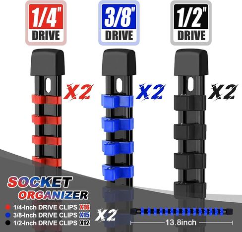 3-Piece Socket Organizer Rail Set, Premium Socket Holder, Heavy-Duty Socket Rack Kit With 43 Clips 1/4-Inch x 16 Clips, 3/8-Inch x 15 Clips, 1/2-Inch x 12 Clips – Ideal for Tool Storage in Saudi Arabia