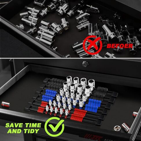 3-Piece Socket Organizer Rail Set, Premium Socket Holder, Heavy-Duty Socket Rack Kit With 43 Clips 1/4-Inch x 16 Clips, 3/8-Inch x 15 Clips, 1/2-Inch x 12 Clips – Ideal for Tool Storage in Saudi Arabia