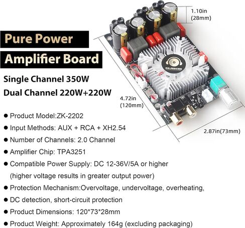 لوحة ZK-2202 فئة D مكبر للصوت ، رقاقة TPA3251 ، 220W × 2 ستيريو/350W سد (مفتاح DIP) ، RCA/AUX/XH2.54-3P المدخلات ، DC12-36V مع مروحة التبريد in Kuwait