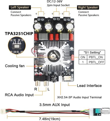 لوحة ZK-2202 فئة D مكبر للصوت ، رقاقة TPA3251 ، 220W × 2 ستيريو/350W سد (مفتاح DIP) ، RCA/AUX/XH2.54-3P المدخلات ، DC12-36V مع مروحة التبريد in Kuwait