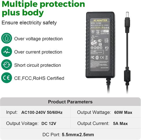 12V 5A Power Supply Adapter - LeTaoXing AC 100-240V 50/60Hz to DC 12V/5A 60W 12 Volt 5amp LED Driver Transformers Universal Switching for LED Strip Light CCTV Cameras in Saudi Arabia