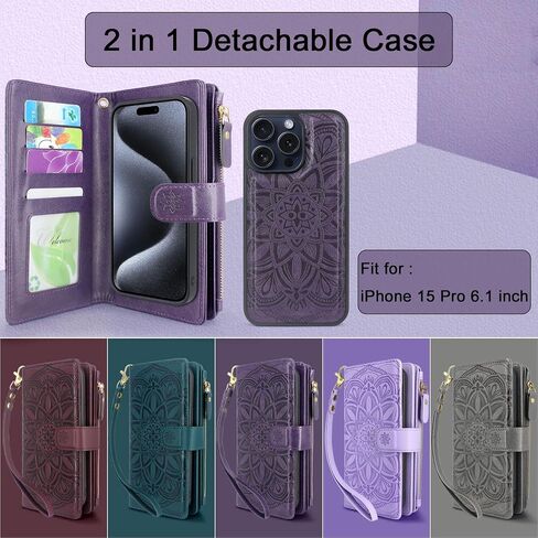 Compatible with iPhone 15 Pro 6.1 inch 5G 2023 Wallet Case with [Card Slots] Detachable Removable Phone Cover Cash Coin Zipper Pocket Wrist Strap (Floral Wine Red) in Saudi Arabia