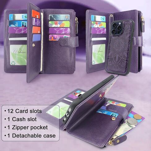 Compatible with iPhone 15 Pro 6.1 inch 5G 2023 Wallet Case with [Card Slots] Detachable Removable Phone Cover Cash Coin Zipper Pocket Wrist Strap (Floral Wine Red) in Saudi Arabia