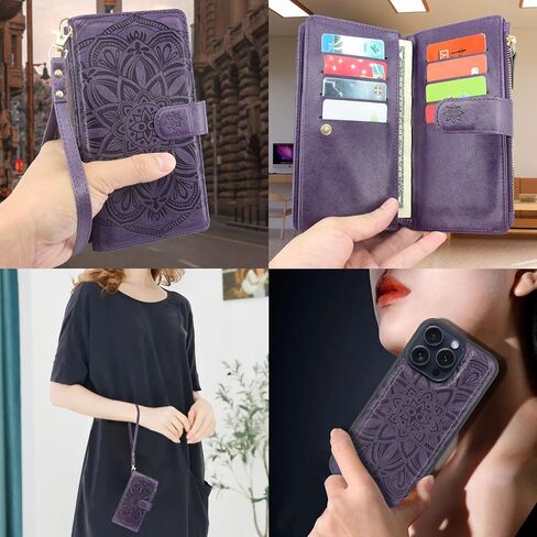 Compatible with iPhone 15 Pro 6.1 inch 5G 2023 Wallet Case with [Card Slots] Detachable Removable Phone Cover Cash Coin Zipper Pocket Wrist Strap (Floral Wine Red) in Saudi Arabia