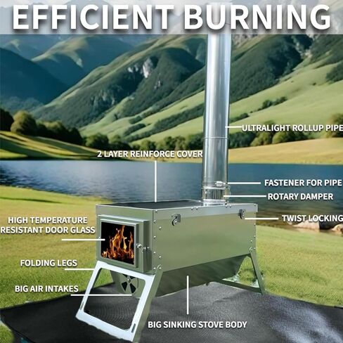 DANCHEL OUTDOOR S7C Portable Wood Burning Stove for Hot Tents – Folding 304 Stainless Steel Tent Stove with Telescopic Body&2.76'' Dia. Stove Pipe for Survival Camping in Saudi Arabia