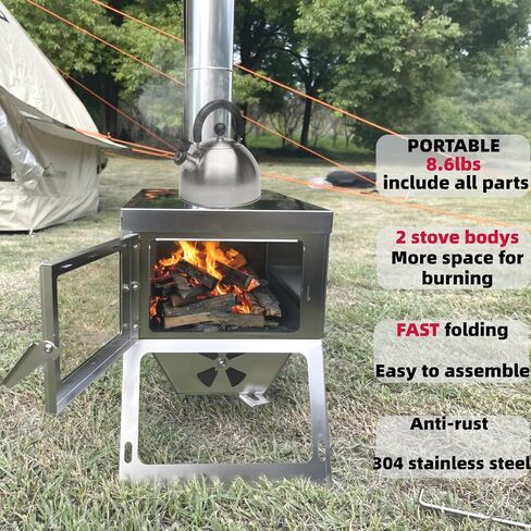 DANCHEL OUTDOOR S7C Portable Wood Burning Stove for Hot Tents – Folding 304 Stainless Steel Tent Stove with Telescopic Body&2.76'' Dia. Stove Pipe for Survival Camping in Saudi Arabia