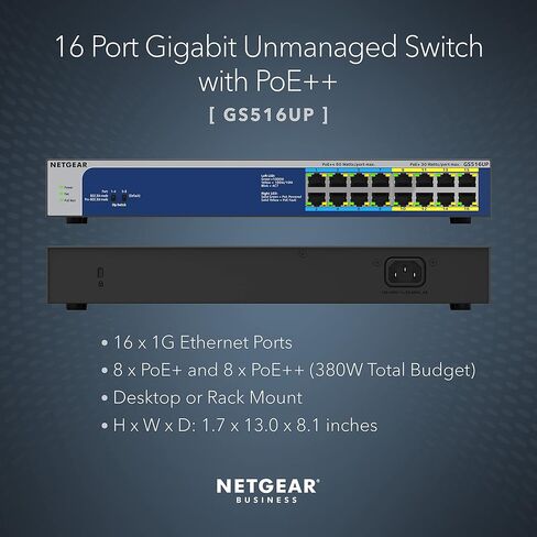 NETGEAR 16-Port Gigabit Ethernet Unmanaged PoE Switch (GS516UP) - with 8 x PoE+ and 8 x Ultra60 PoE++ @ 380W, Desktop or Rackmount, and Limited Lifetime Protection in Kuwait