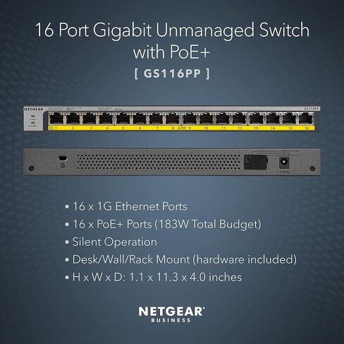 NETGEAR 16-Port Gigabit Ethernet Unmanaged PoE Switch (GS516UP) - with 8 x PoE+ and 8 x Ultra60 PoE++ @ 380W, Desktop or Rackmount, and Limited Lifetime Protection in Kuwait