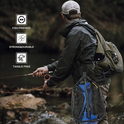 Black Paw Fly Fishing Net with Handle, Rubber Fishing Net for Trout, Foldable Extendable Fish Landing Net, Fish-Friendly Design for Safe Catch and Release in Kuwait