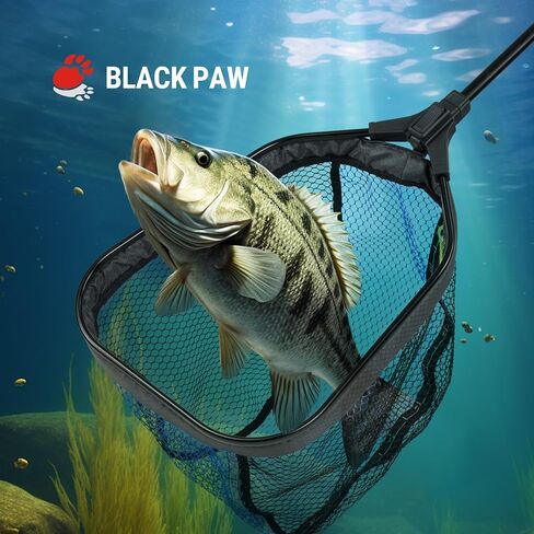 Black Paw Fly Fishing Net with Handle, Rubber Fishing Net for Trout, Foldable Extendable Fish Landing Net, Fish-Friendly Design for Safe Catch and Release in Kuwait