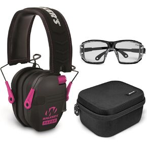 Walker's Razor Slim Electronic Muff (Black/Pink) Bundle with Ballistic Protection Glasses, and Protection and Safety Case (3 Items)
