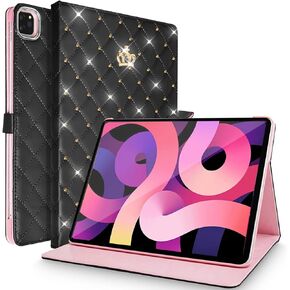 for iPad Air 13 Inch (M2) 2024 Smart Case, Auto Wake/Sleep Shockproof PU Leather Flip Magnetic Cute Queen Crown Bling Diamond Kickstand Folio Protective Cover for iPad Air 13 inch (White)