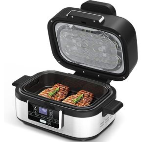 5-in-1 Indoor Grill with Air Fry, Crisper Basket, Bake, Cooking Pot, and Smoke Control System,Removable Grill Gate, Crisper Basket