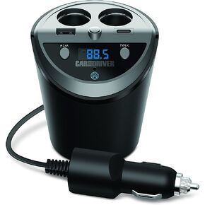 Car and Driver Smart FM Transmitter Bluetooth Cup Holder with Alexa, Google, Siri Assistant for Car with Dual Ports USB A and USB-C PD Fast Charging Ports & Dual Cigarette Lighter 12V Power Sockets
