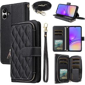 Argyle Wallet Case for Samsung Galaxy A05 with Wrist Strap Shoulder Strap, Zipper Purse PU Leather Flip Credit Card Holder Stand Accessories Cell Phone Cover for Ao5 A 05 Women Girls White