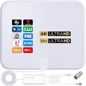 TV Antenna for Smart TV Indoor, TV Antenna for Local Channels,Support 4K 1080p with Signal Booster, 18FT Coax HDTV Cable,White