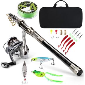 قضبان الصيد تلسكوبية كومبو قضيب ألياف الكربون مع بكرة الغزل محمولة معالجة العلبة خط الصيد الطعوم الاصطناعية والخطافات للسفر في المياه العذبة في المياه المالحة الصيد in Kuwait