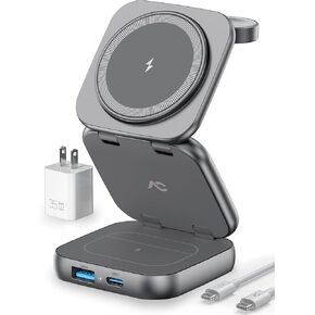 Wireless Charger for Magsafe, AC Island 5-in-1 Portable Charging Station, 15W Max Fast Foldable Magnetic Stand, Evolved for iPhone 16/15/14/13 Series, Apple Watch, AirPods (with 35W Adapter)