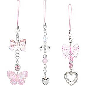 3Pcs Pink Phone Charms, Cute Butterfly Heart Shape Phone Charm, Aesthetic Y2K Cell Phone Charms for Phone Bag Purse Backpack Camera Decor