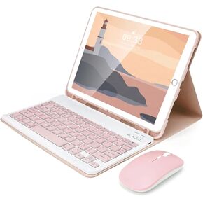 SOPPY Bluetooth Keyboard Case with Mouse for iPad 9th Gen 2021, 8th Gen 2020, 7th Gen 2019 10.2", Air 3 & Pro 10.5", Detachable Wireless Keyboard, Slim Protective Cover, Rechargeable, Pink