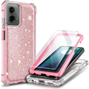 Designed for Motorola Moto G-5G-2024 Case with Tempered Glass Screen Protector, 12FT Military Grade Drop Tested, Full-Body Protective Shockproof Bumper Cover, Glitter Rose Gold