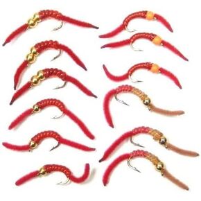 The Fly Fishing Place Barbless Tungsten San Juan Worm Flies, 12-Pack, Hook Size 10, 4 Patterns
