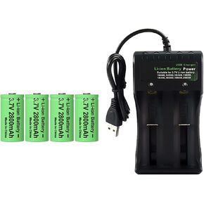 16340 Battery with Charger, 3.7V 16340 Rechargeable Battery 2800mAh High Capacity Batteries with 2 Bays Charger (4 Pack 16340 Batteries and Charger)