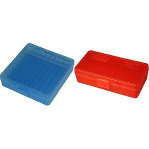 MTM 100 Round Flip-Top Ammo Box 40/45/10MM Cal (Clear Blue) & 40/45/10MM Cal 50 Round Flip-Top Ammo Box, Red