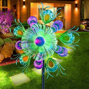 40" Solar Peacock Wind Spinners Garden Stake, Solar Wind Sculpture Yard Art Decorations for Lawn, Patio & Yard & Garden Decor, Metal Green Whirligigs Wind Spinners Outdoor