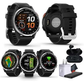 Garmin Neakping S44 Essential Golf Watch مع GPS ، عرض AMOLED ، ساعة رياضية ولياقة بدنية ، إطار من الألومنيوم الفضي مع شريط سليكون أسود مع براعم الهواء اللاسلكي