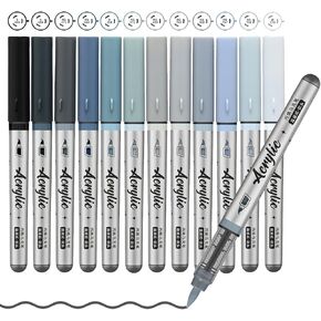 Grey Acrylic Paint Pens,12 Color Paint Pens Markers,Brush Tip Paint Pens for Rock Painting Wood Glass Ceramic Canvas Stone DIY Crafts Making Art Supplies
