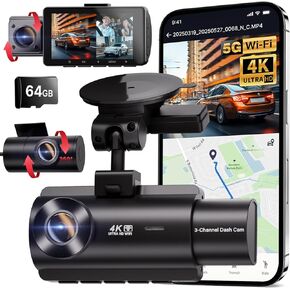 5G WiFi 3 Channel Dash Cam Front and Rear Inside, 4K+1080P+1080P Dash Camera for Cars, GPS Dashcam, Car Camera with 3-Inch Screen, IR Night Vision, 24Hr Parking Mode, G-Sensor, 64GB Card