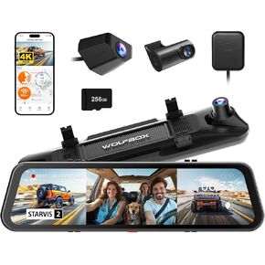 WOLFBOX G900 Tripro Cabin Version 3 Channel 4K Rear View Mirror Camera, STARVIS 2 IMX678 Night Vision,4K+1080P+2.5K Front Inside and Rear Mirror Dash Cam,5.8GHz WiFi,Voice Control,Includes 256GB Card