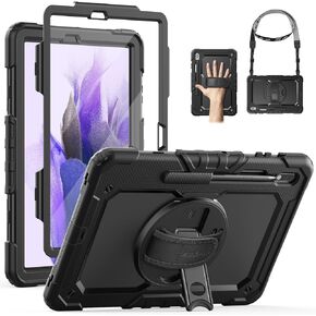 SEYMAC for Samsung Galaxy Tab S7 FE/Tab S8 Plus/ S7 Plus Case 12.4'', Heavy Duty Full-Body Shockproof Protective Case with Screen Protector, Rotating Stand, Hand/Shoulder Strap and Pen Holder, Black