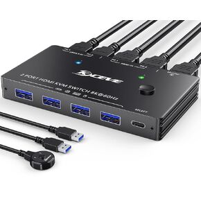 HDMI KVM Switch 4 Computers 8K@60Hz 4K@144Hz, Simulation EDID, Camgeet 4 Port USB3.0 KVM Switch with Audio for 4 Computer Share 1 Monitor and Keyboard Mouse Headset,Wired Remote,Power Adapter Included