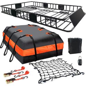 MeeFar Roof Rack Carrier Basket Universal Rooftop 65" X 39" X 6" Large Size Roof Rack + Waterproof Bag 20 Cubic Feet (51" 40" 17"), and Cargo Net with Attachment Hooks, Ratchet Straps