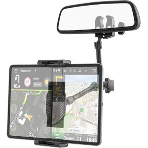 Rearview Mirror Tablet Holder- Metal Long Arm 360° Rotation and Folding, Rear View Mirror Tablet Holder, Fit Thick Cases (Deep Max 1.18'') for iPad Pro Air Mini, Galaxy Tab, iPhone, 6-15.6'' Devices